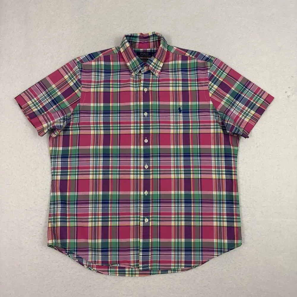 Polo Ralph Lauren Shirt Mens Large Pink Plaid Classic Fit Button Front Cotton
